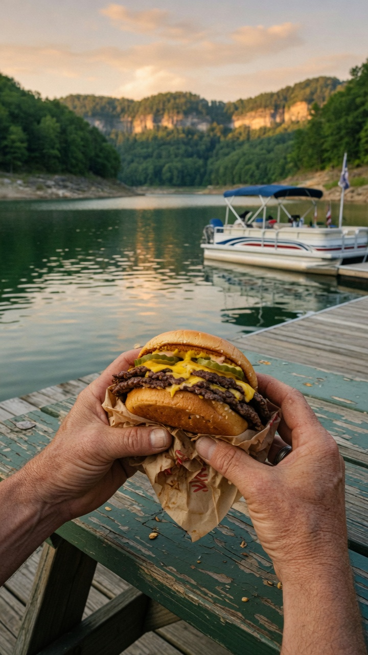 A normal-sized smashburger held at a picnic table on a wooden dock at Lake Cumberland, Kentucky