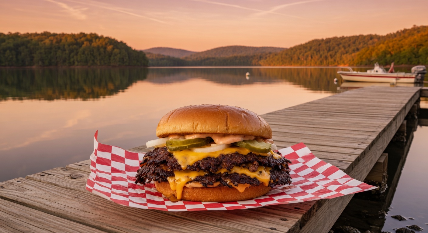 Perfect smashburger with crispy edges and melted cheese on Lake Cumberland