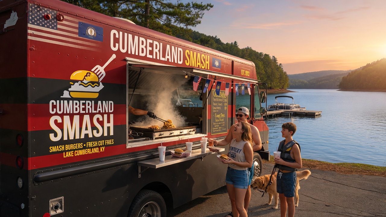 Cumberland Smash food truck parked lakeside at golden hour on Lake Cumberland, Kentucky